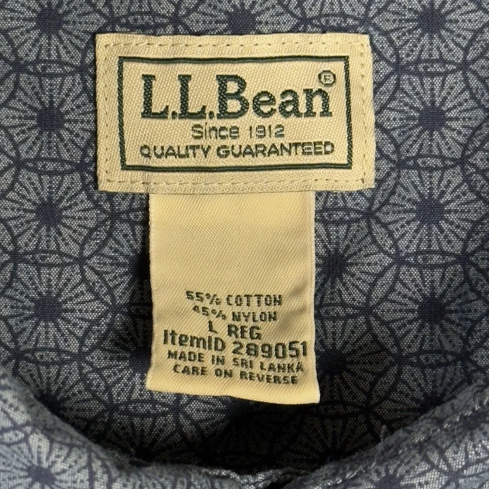 LL Bean Shirt Men's Large Blue Button Up Geometric Cotton Nylon Short‎ Sleeve